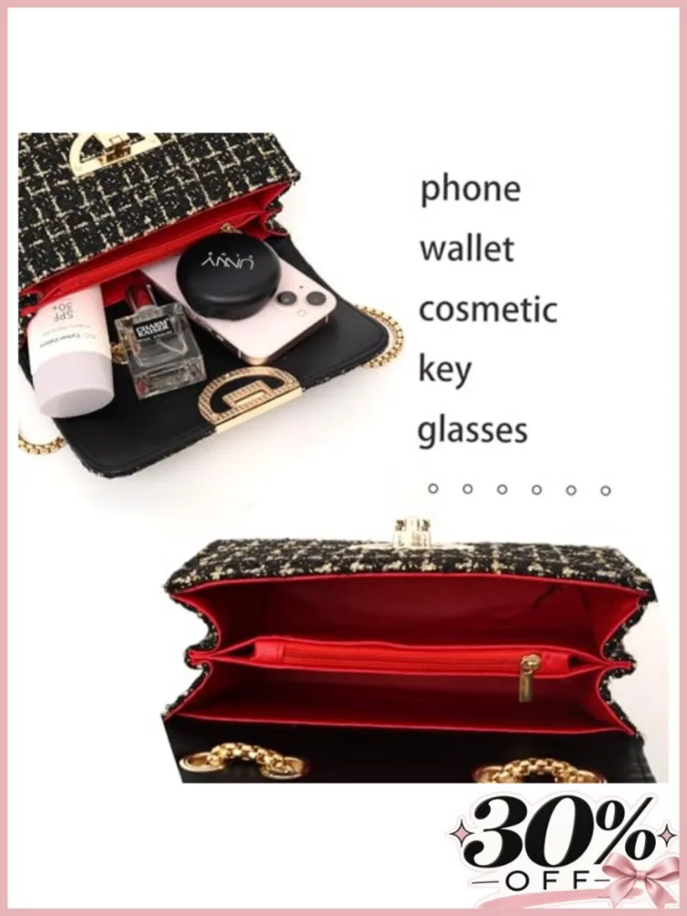 Tweed Chain Quilted Crossbody Evening Bag Clutch Purse